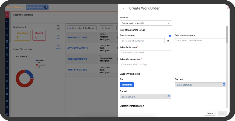 Field service web console for creating work orders using various parameters
