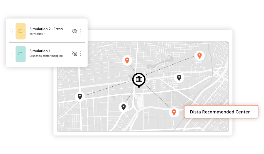 Mapping branch centers to bank branches by running multiple simulations