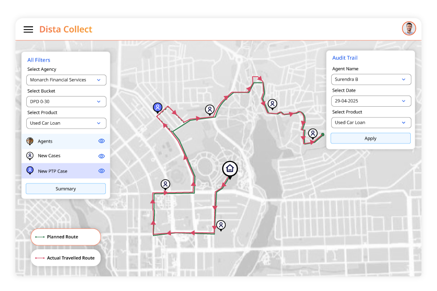 Daily route optimization with real-time prompts, location validation, and interaction audit logs for compliance