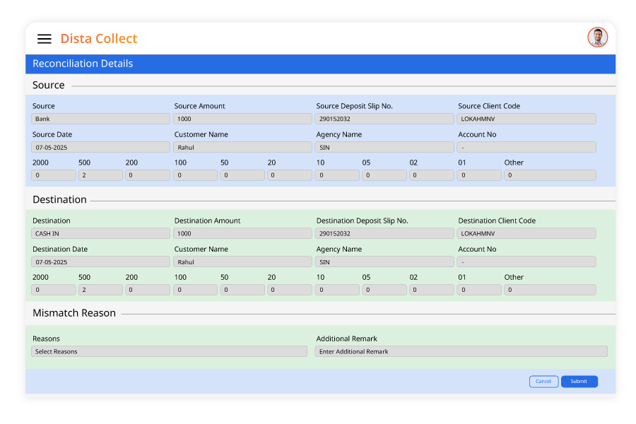 Instant payment reconciliation dashboard showing full visibility of collections across cash, NEFT, and RTGS modes