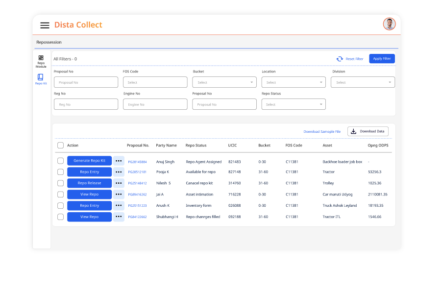 End-to-end repo case management with agent assignment, stock tracking, and action approvals from dashboard